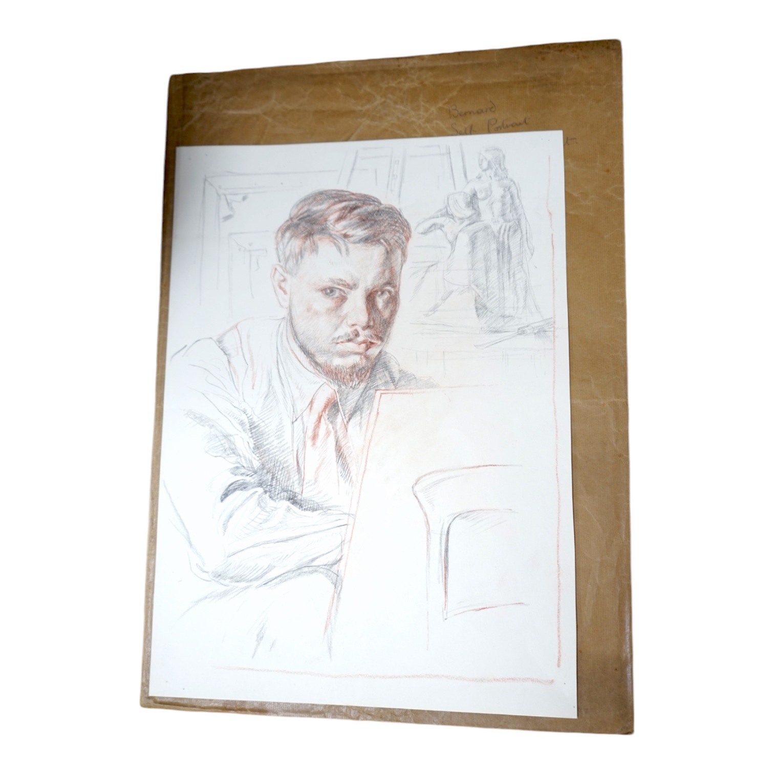 Modern British, pencil and sepia chalk, 'Bernard, Self-portrait - Imaginative Subject', 35 x 26cm, unframed. Condition - good